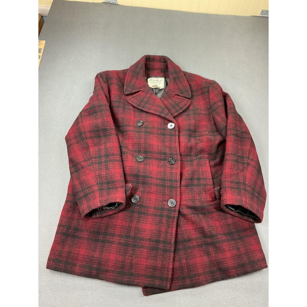 Eddie Bauer Coat Womens XL Red Wool Plaid Pea Coat Anchor Buttons Lined Nautical